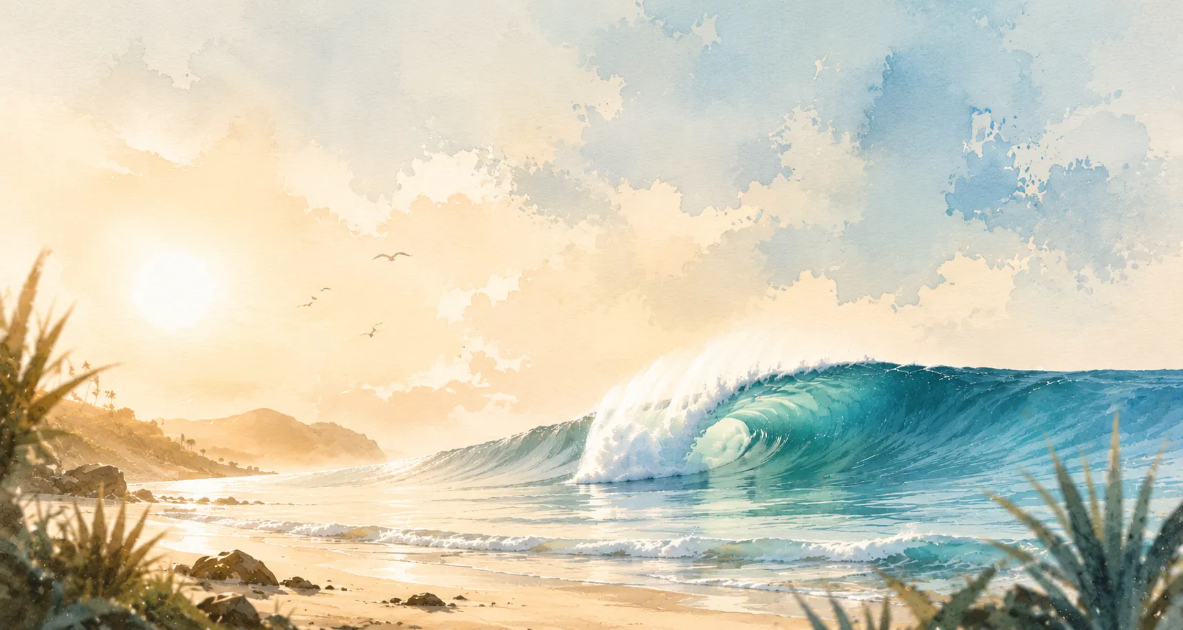 Watercolour of a breaking wave at a sunlit beach